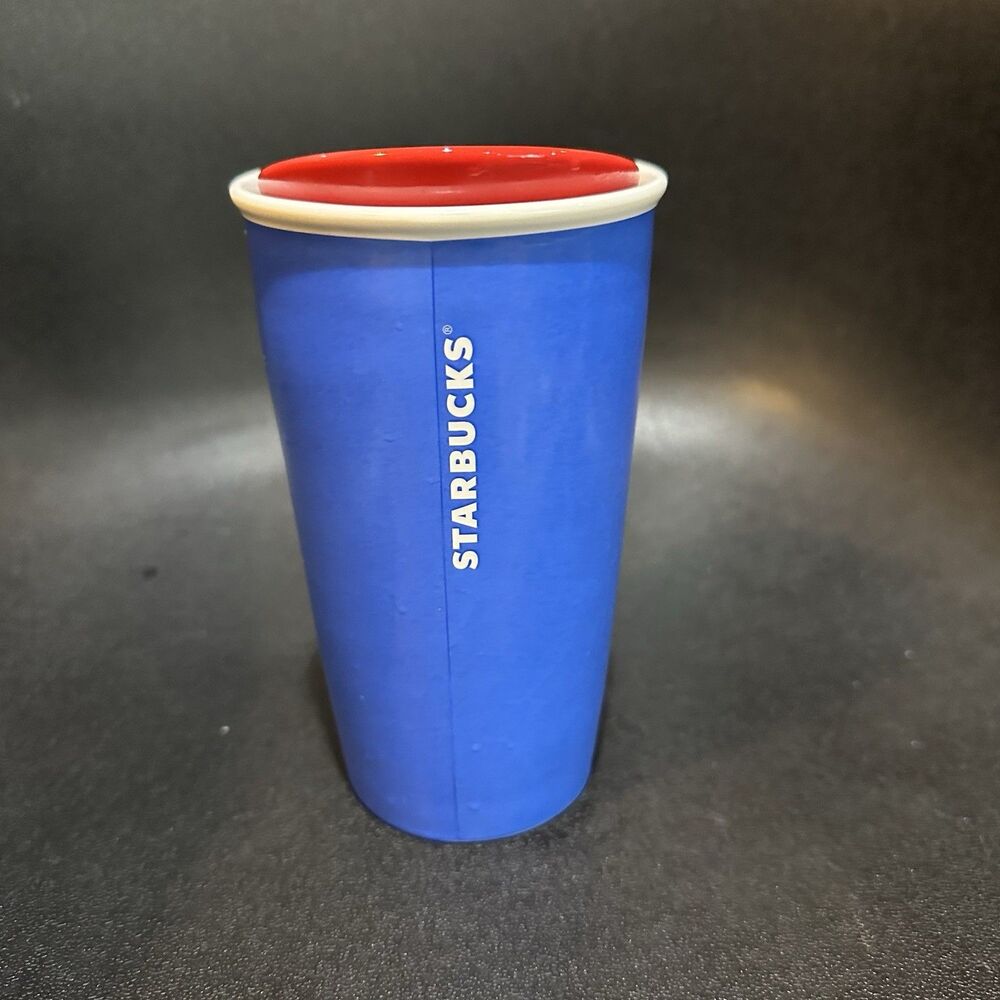 Starbucks Ceramic Travel Mug Rare Collectible Peace Sign Blue Red Yellow 12oz - Picture 3 of 7